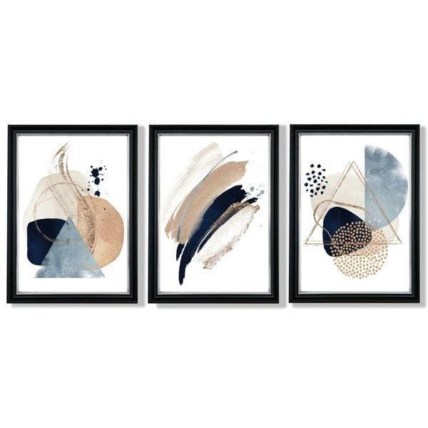 Artze Wall Art Set of 3 Abstract Beige Blue and Gold Framed Prints