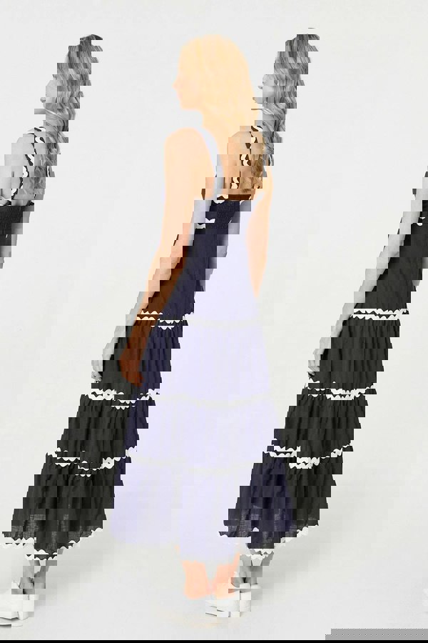 Navy | Zig Zag Trim Sleeveless Tiered Midi Dress
