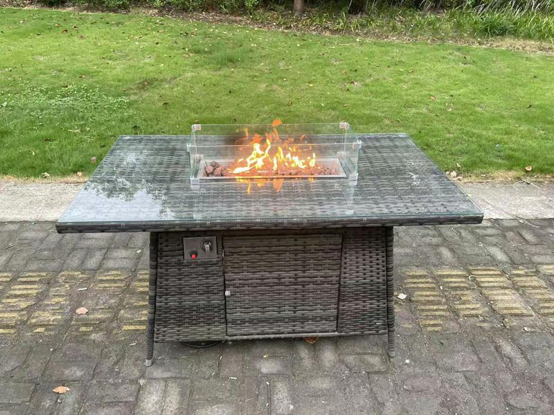 Fimous 5 Seater PE Rattan Garden Furniture Patio Set, Gas Fire Pit Dining Table, Sofa, Armchairs, Big Footstool, Dark Grey Mixed