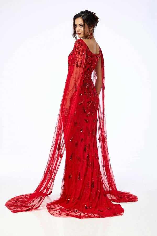 LuvForever Azara - Red Draped Sleeve Sequin Maxi Dress