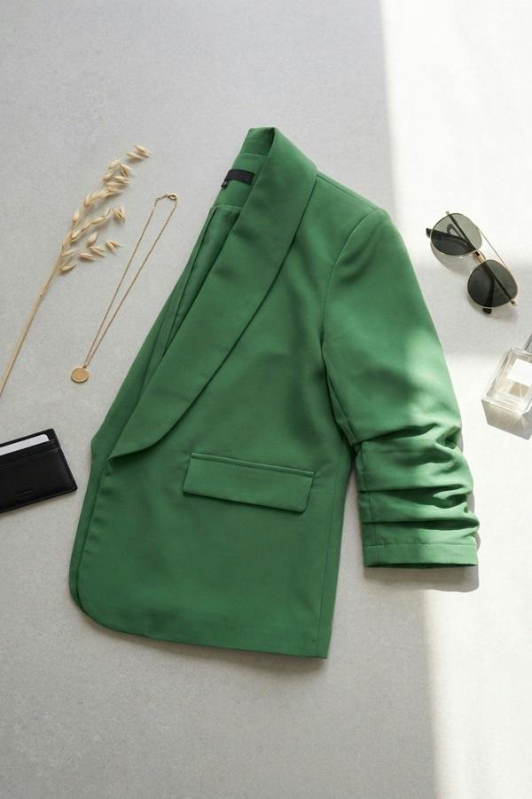 Valerie Ruched Sleeve Open Front Blazer Jacket With Front Pockets - Green