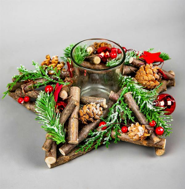 22cm Rustic Wooden Star Tealight Candle Holder with Removable Glass Jar and Festive Red Decoration image 1