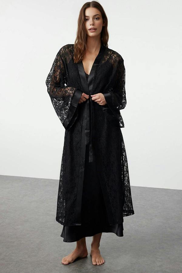 WOVCOR Belted Lace Knit Dressing Gown with Satin Band Detail