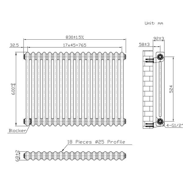 Monstershop Traditional 2 Column Radiator - 600 x 830mm - Raw Metal