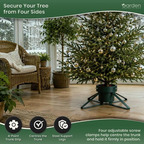 Large Green Christmas Tree Stand with Water Tank, Heavy Duty Stand for Trees up to 2.8m, Adjustable Clamps 60–140mm Trunk