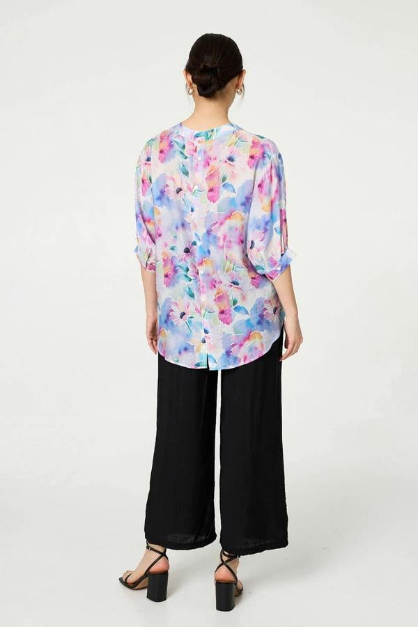 Blue | Floral 3/4 Sleeve Curved Hem Blouse