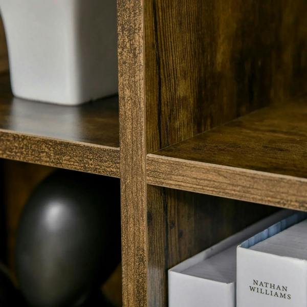 Close-up of rustic brown shelf edges and compartment divider detail
