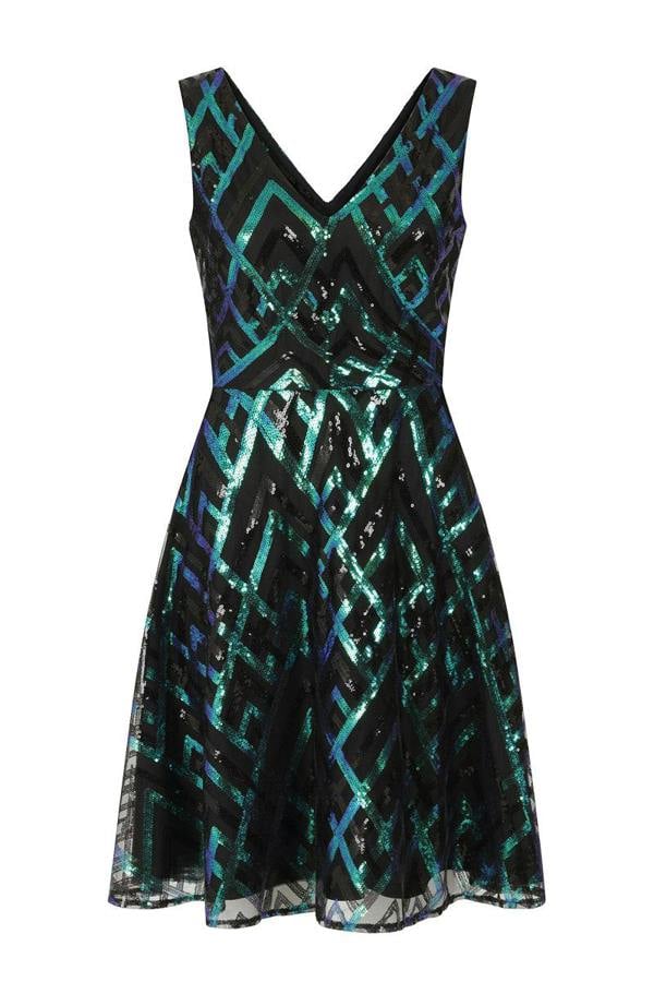 HotSquash Sequin V Neck Fit and Flare Dress
