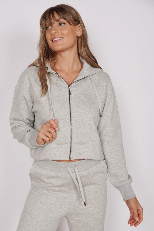 Jeetly.comRosa Light Grey Zip Through Cropped HoodieLoungewear