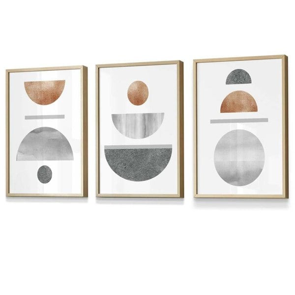 Copper and Grey Abstract Mid Century Geometric Set of 3 Framed Wall Art | Artze Wall Art UK
