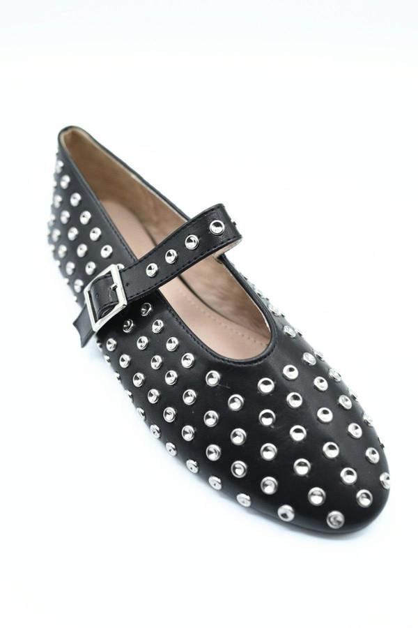 Anna Rhinestone Decor Round Toe Buckle Strap Flat Shoes - Black