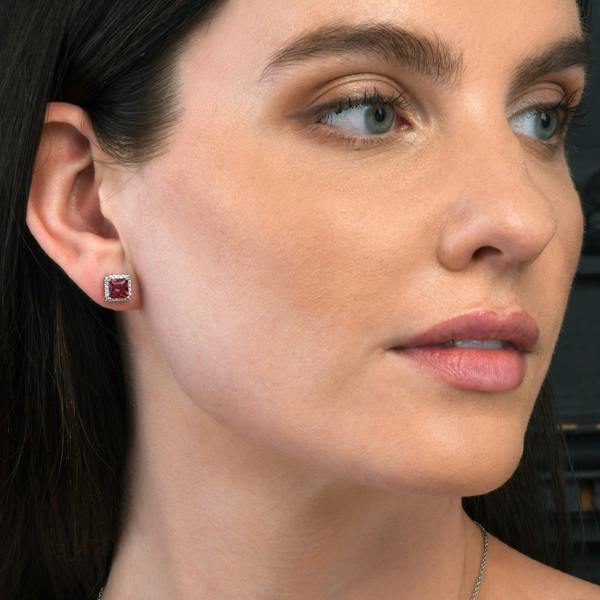 namana 925 Sterling Silver Square Shaped Red Halo Stud Earrings for Women