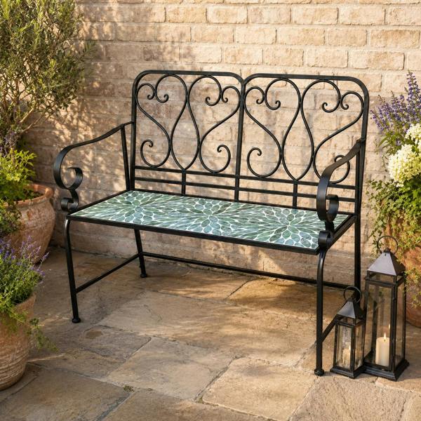 Leaf Mosaic 2 Seater Garden Bench, 112cm Outdoor Patio Seat with Ceramic Tile Seat, Scrollwork Backrest & Metal Frame image 1