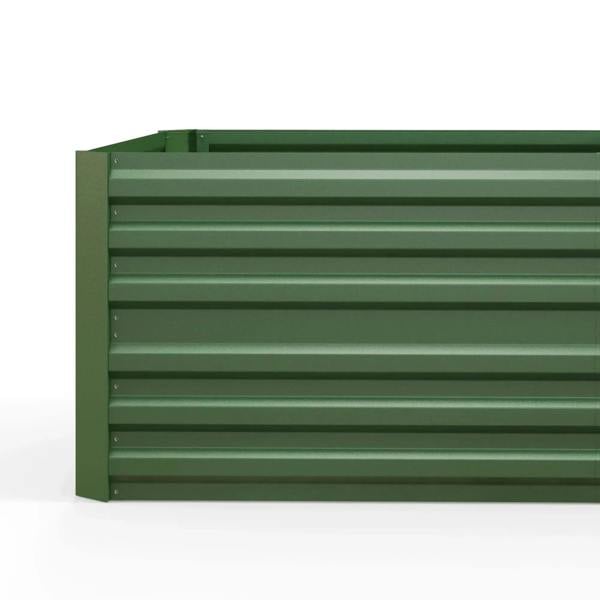 Green raised garden bed planter with close-up slatted side panels and open top