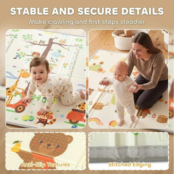 Foldable Reversible Baby Play Mat 200 x 180 cm, Waterproof, Non-Slip for Crawling and Learning, Tree & Forest Theme
