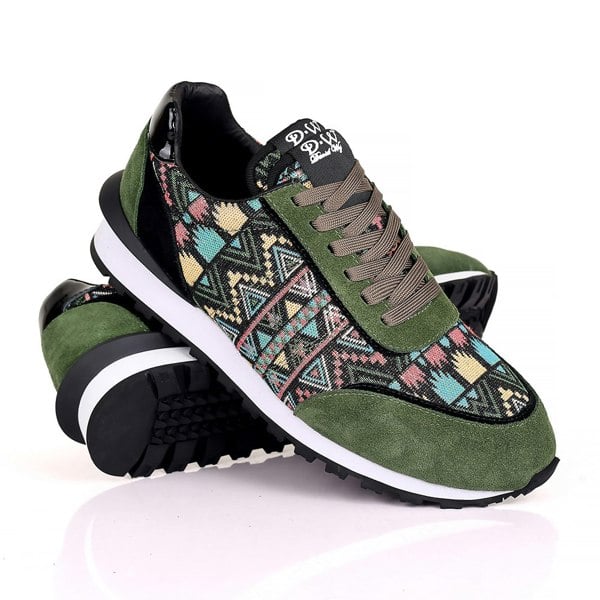David WeJ Boston Ethnic Print Smart Trainer - Khaki Green