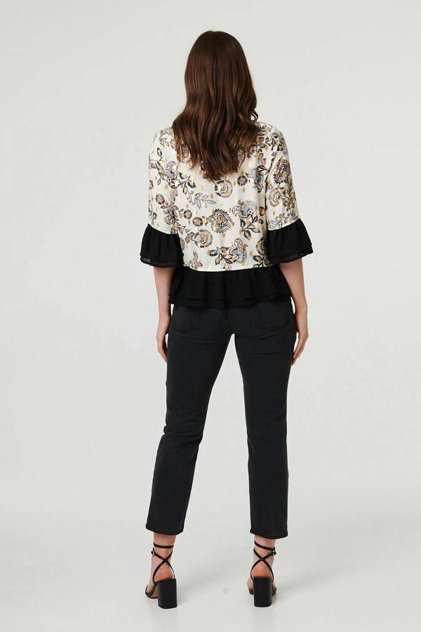 Cream | Floral Contrast Trim 3/4 Sleeve Jacket