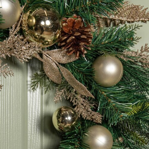 Samuel Alexander 60cm Hanging Christmas Wreath with Gold Baubles, Pinecones & Glitter Berries
