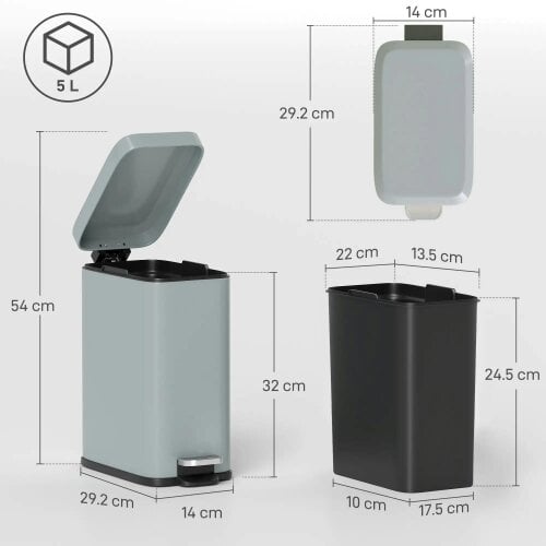Bobobiy 5L Rectangular Compact Bin Steel Body Removable Bucket Quiet-Close Lid with Pedal Lid Rubbish Trash Can Office Bedroom Bathroom Living Grey