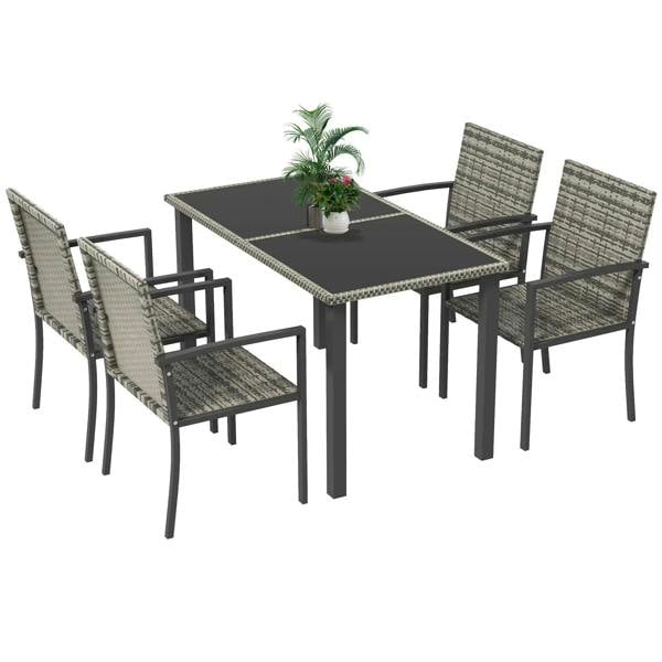 5-piece outdoor dining set: black table with 4 grey woven chairs
