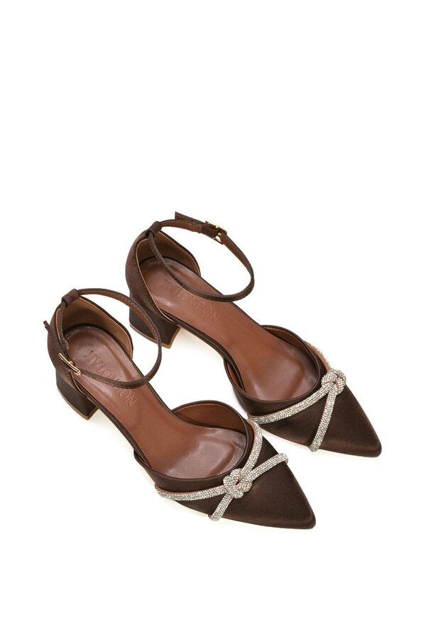 XY LONDON Ankle Strap Pointed Toe Diamante Mid Block Heels