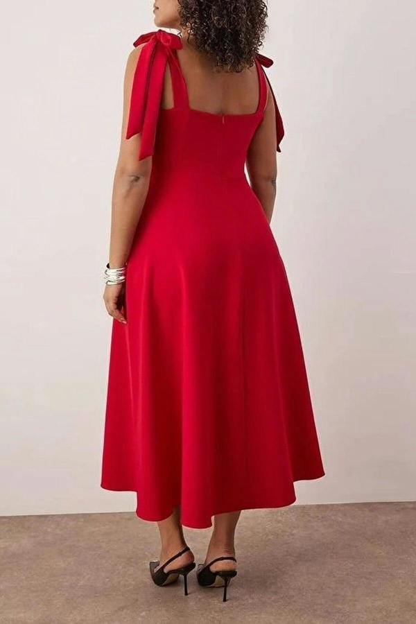WOVCOR A-Line Midi Woven Evening Dresses with Strap Tie Detail