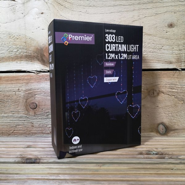 Samuel Alexander 1.2m Christmas Static Heart LED Silver Pin Wire V Curtain Lights in Rainbow