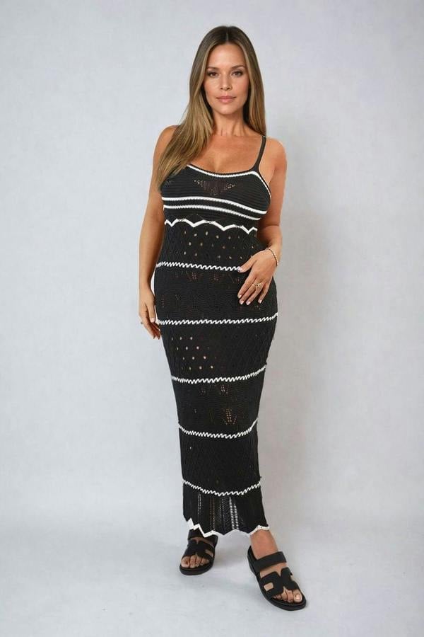 Ariana Strappy Long Knitted Stripe Cami Dress - Black