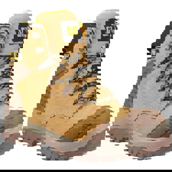 Caterpillar Striver XL 6" Mens Waterproof S7 Lace Up Safety Ankle Boots, tan and brown steel-toe safety work boots with waterproof leather upper, lace-up closure, and rugged slip-resistant sole.