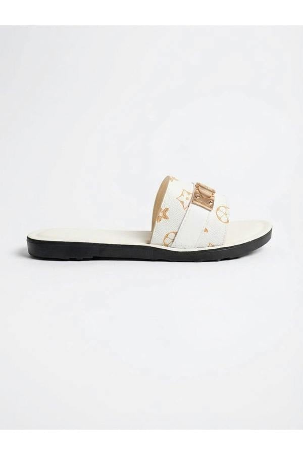 Amber Patterned Slider Sandals - White