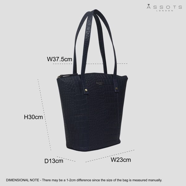 Assots London 'MELANIE' Navy Croc Real Leather Unlined Bucket Bag
