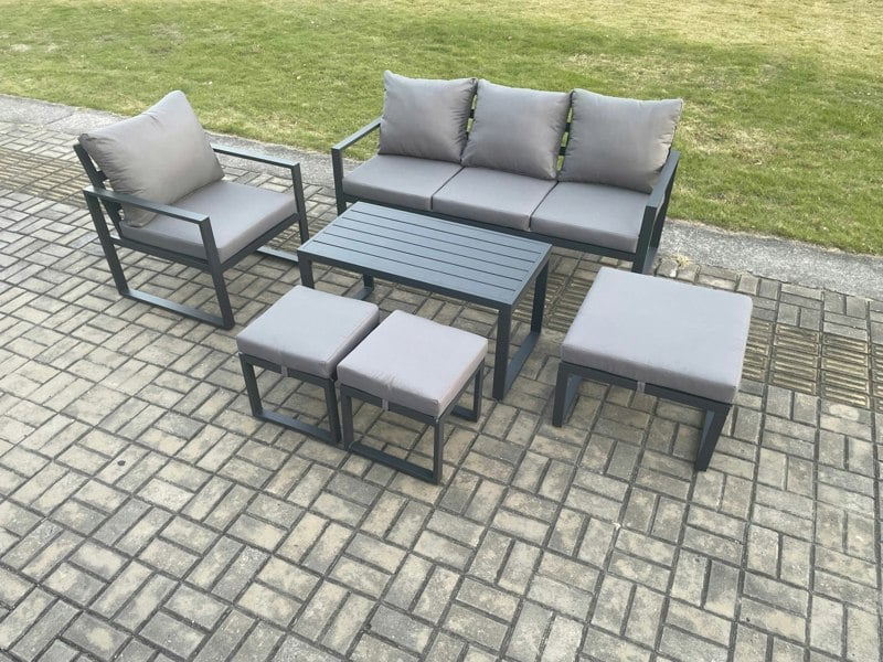 Fimous Aluminium Outdoor Garden Furniture Set Patio Lounge Sofa with Oblong Coffee Table 3 Footstools Armchair Dark Grey