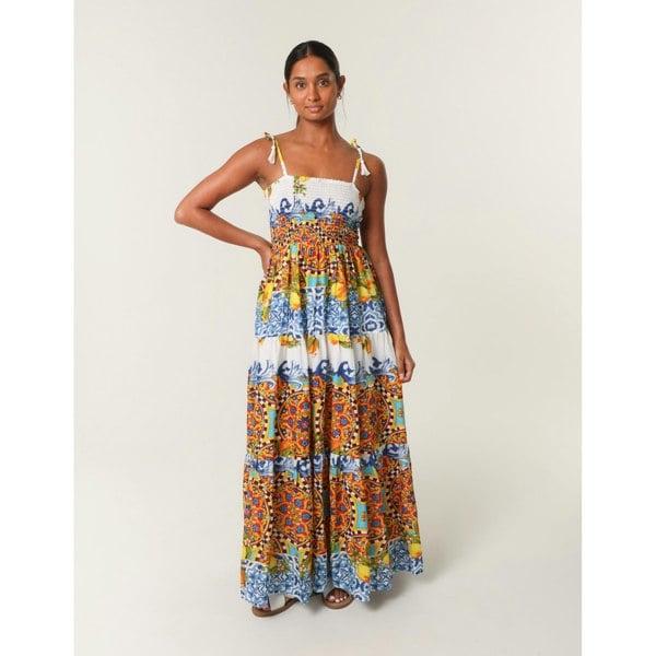 Blue Vanilla Lemon Abstract Print Shirred Maxi Dress