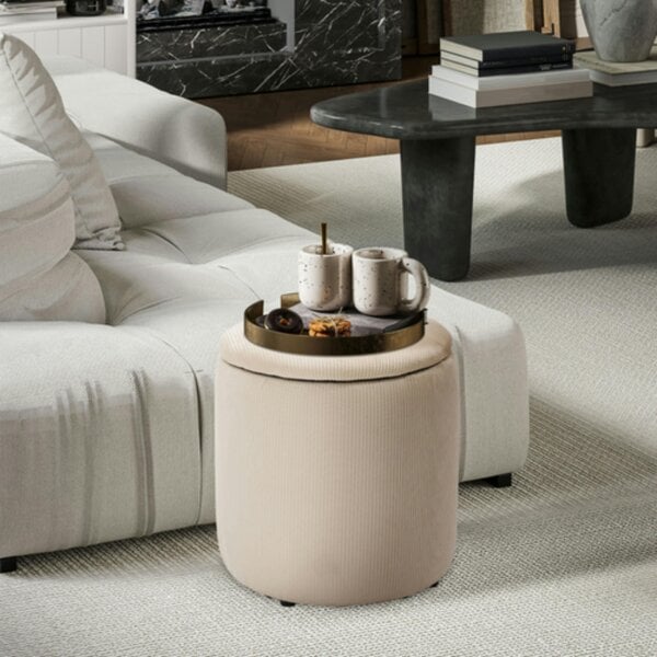 Dyzi Set of 2 Corduroy Storage Ottomans Removable Lids Cream White