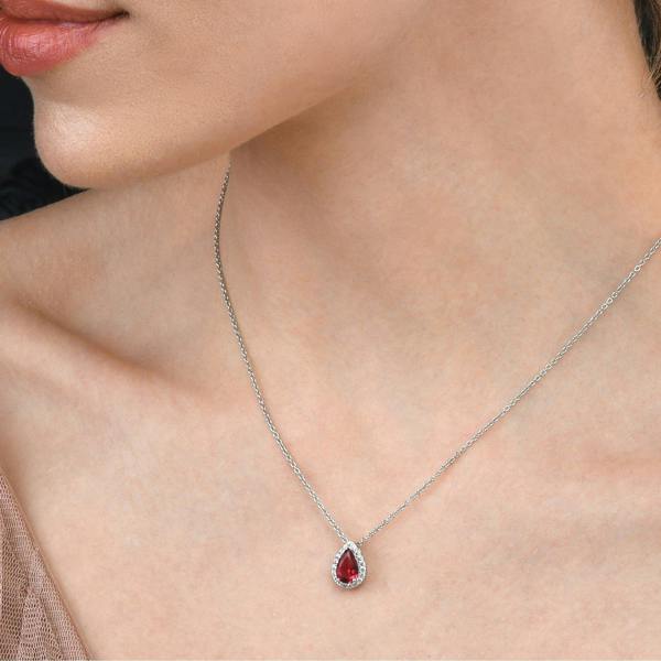 namana 925 Sterling Silver Pear Drop Red Halo Pendant Necklace for Women