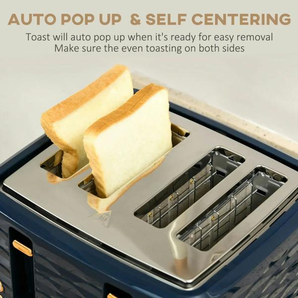 Blue four-slice toaster showing toast auto pop-up and self centering guides
