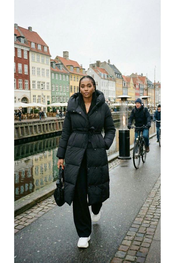 Velina Longline Puffer Coat With Belted Waist - Brown