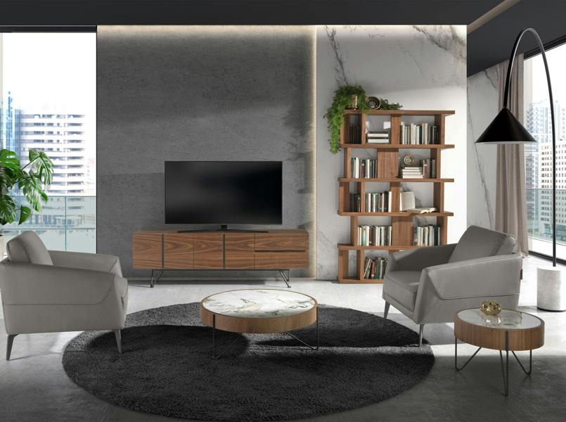 Angel Cerdá Round corner table in porcelain marble, walnut and black steel 2139
