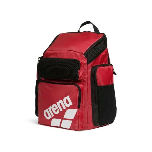 Red and black Arena One Go Backpack 45L with mesh panels, wet dry compartments, laptop sleeve