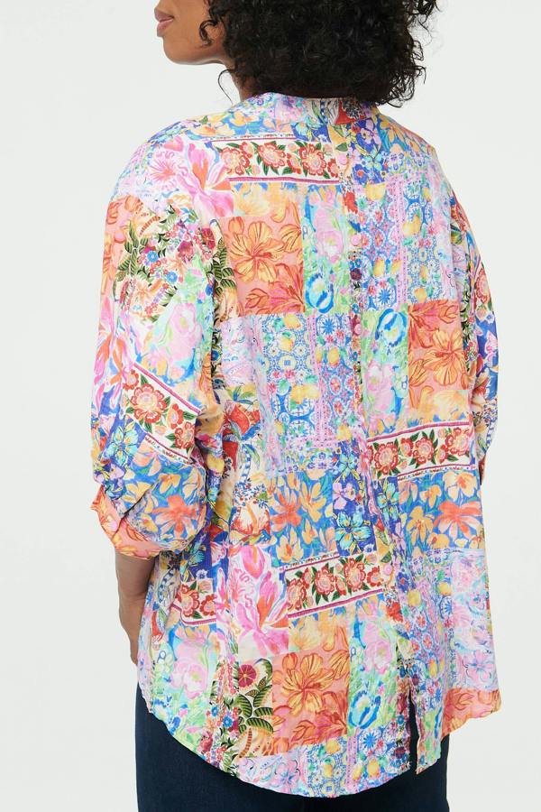 Blue | Abstract 3/4 Buttons Curve Hem Blouse