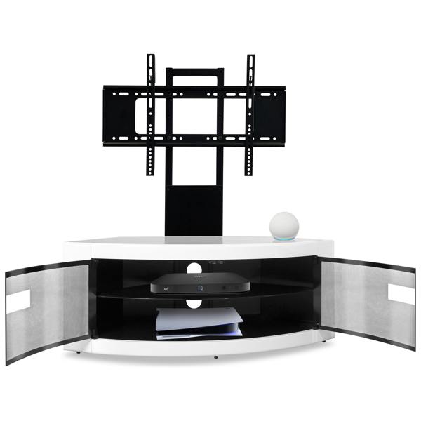 Homeology PANGEA Black/White Beam-Thru Curved True-Corner 32"-50" TV Cabinet with Mounting Arm