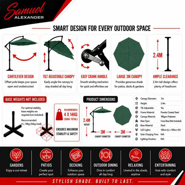 Samuel Alexander 3m Hanging Banana Cantilever Garden Parasol with Cover in Green