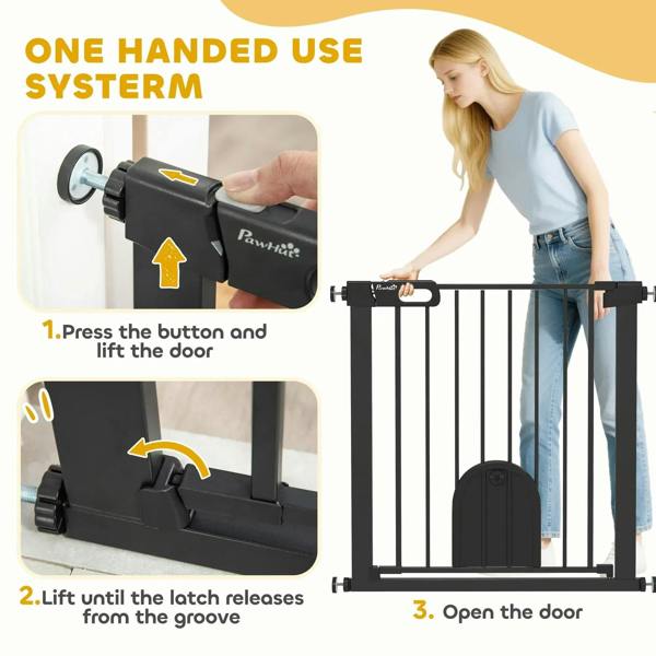 Black pressure-fit pet gate with cat flap and latch release handle mechanism