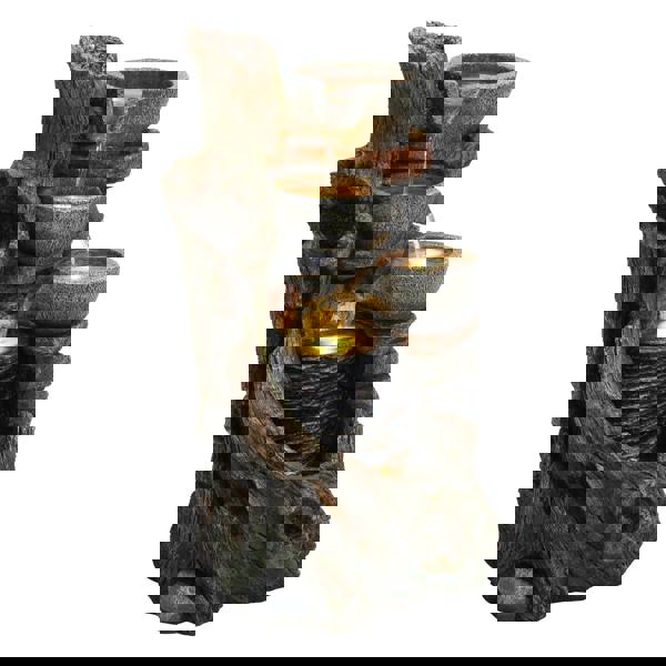 Rustic electric water feature with three stone bowls cascading water over textured bark and rocks, creating a serene ambiance