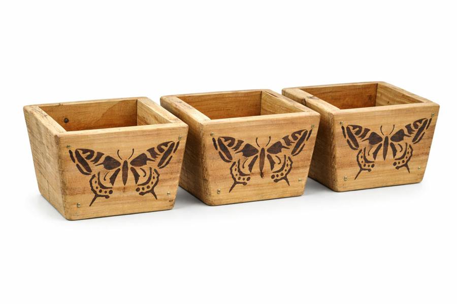 Set of three upcycled wooden garden pots with butterfly design, empty