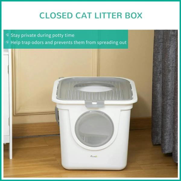 White enclosed cat litter box with round entrance, closed lid, and high sides