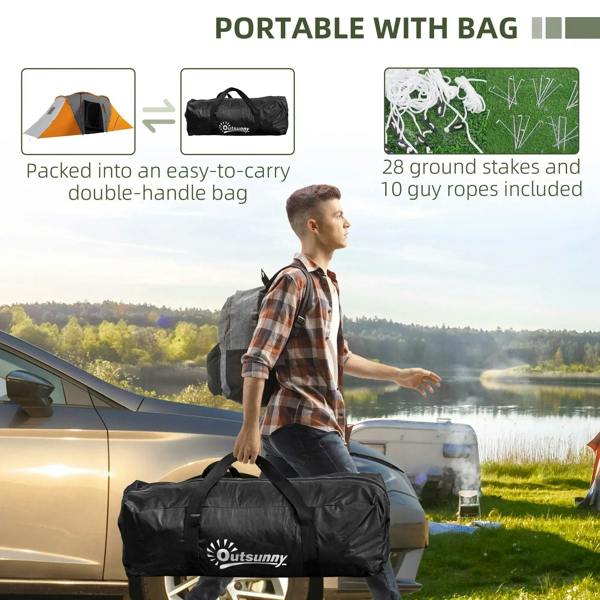 Outsunny portable camping tent packed in a double-handle carry bag with stakes