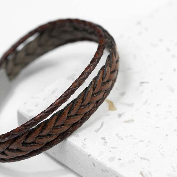 Personalised Men's Woven Layered Leather Bracelet - close-up detail