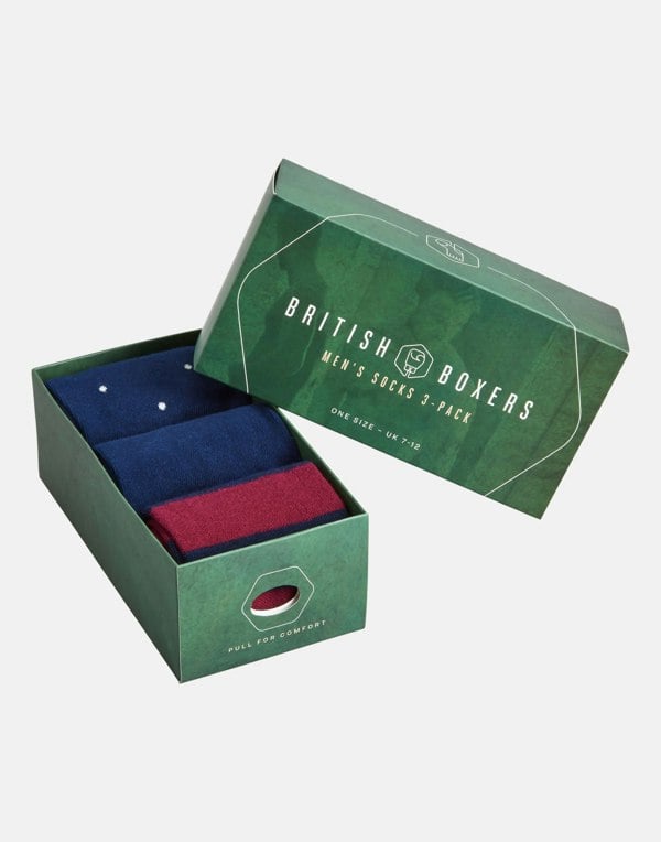 British Boxers Men's Three-Pair Sock Gift Box – Navy & Wine