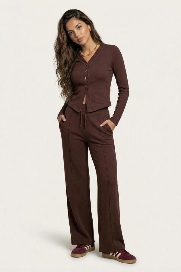 Urban Bliss Soft Rib V Cardigan set Chocolate